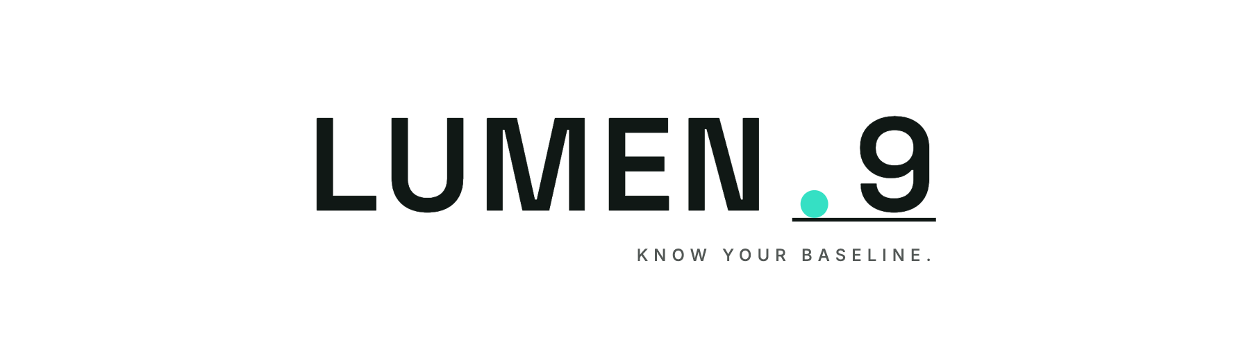LUMEN-9 wordmark in ink on white, with a teal dot resting on a baseline rule under the 9
