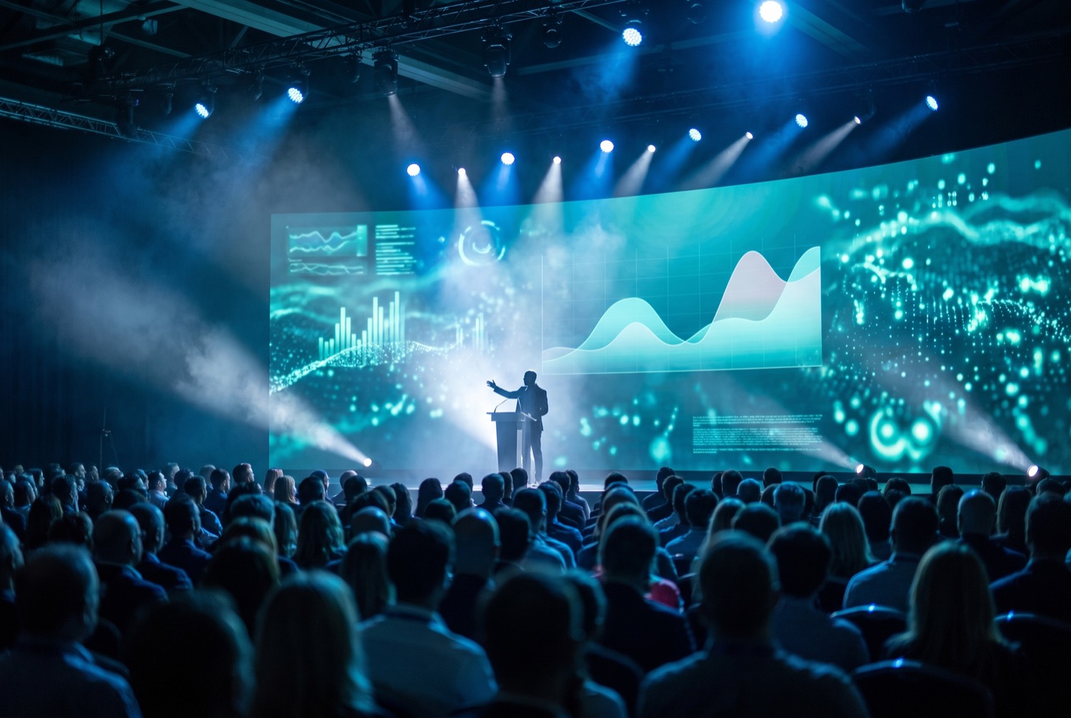 A founder on a dark keynote stage in front of a huge screen of glowing teal data visuals