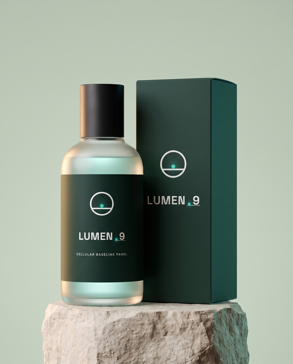 The labeled LUMEN-9 concept bottle beside its spruce-green carton on a stone pedestal
