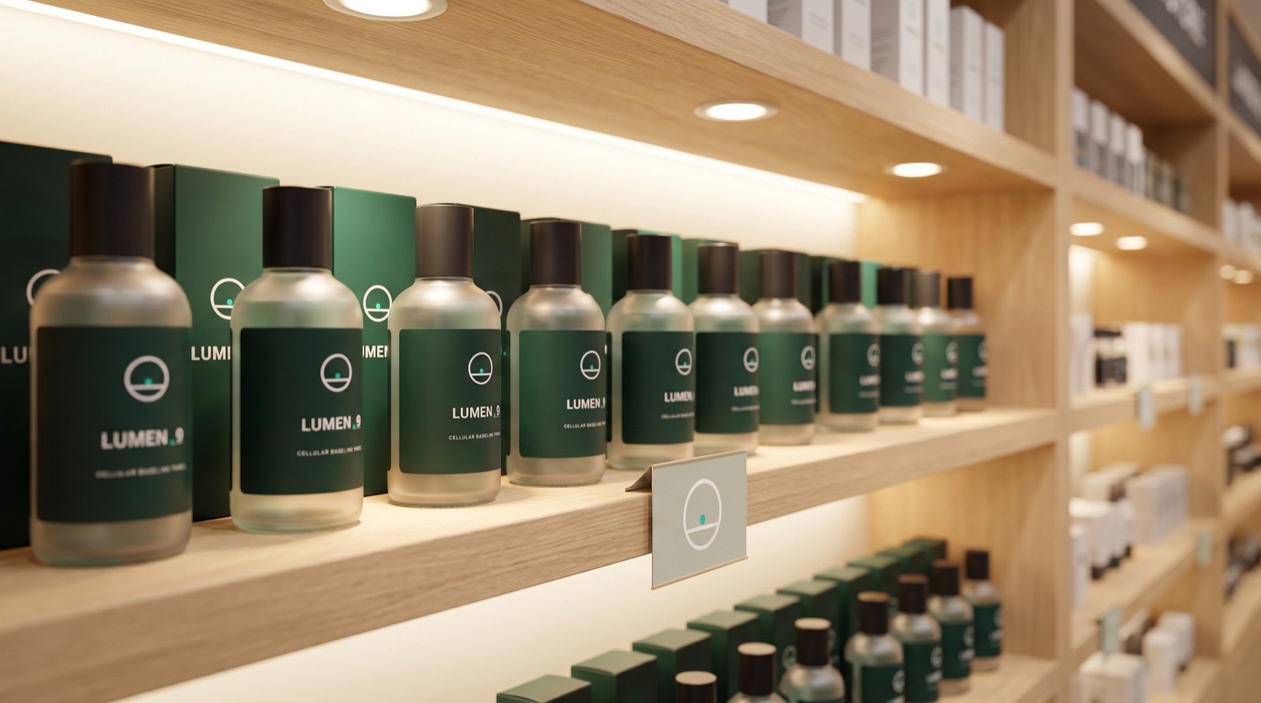 A backlit retail shelf faced with rows of LUMEN-9 concept bottles and cartons