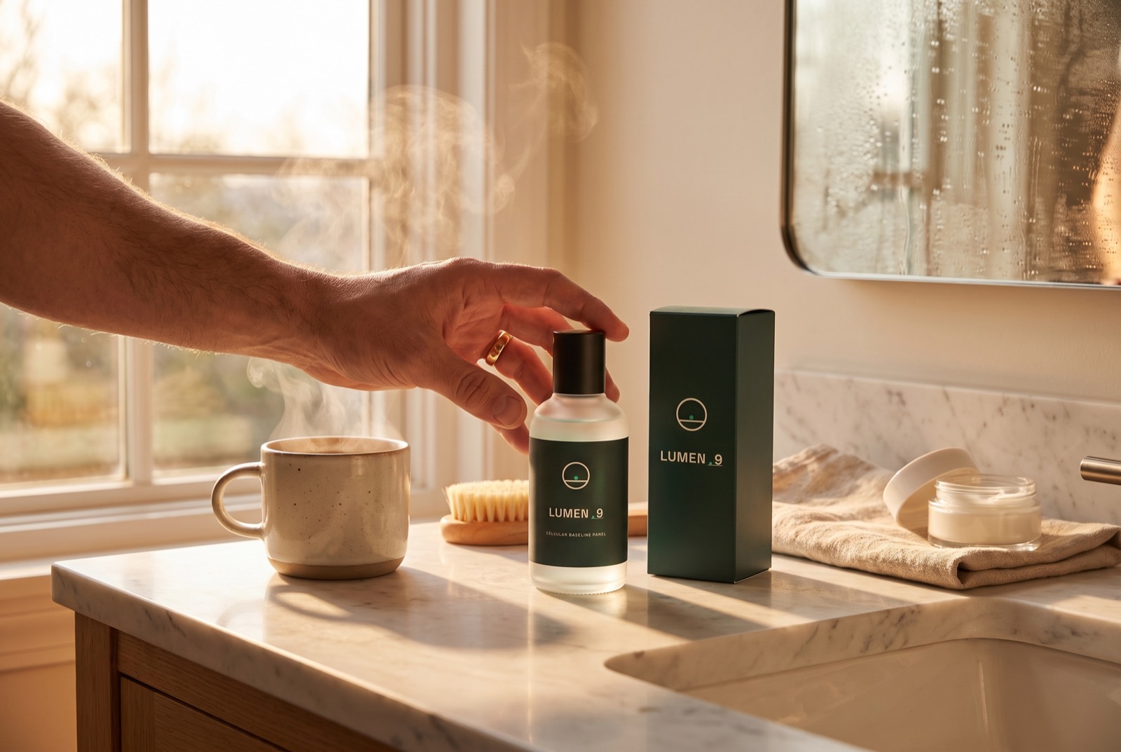 A hand reaching for the LUMEN-9 concept bottle and carton on a sunlit marble bathroom counter