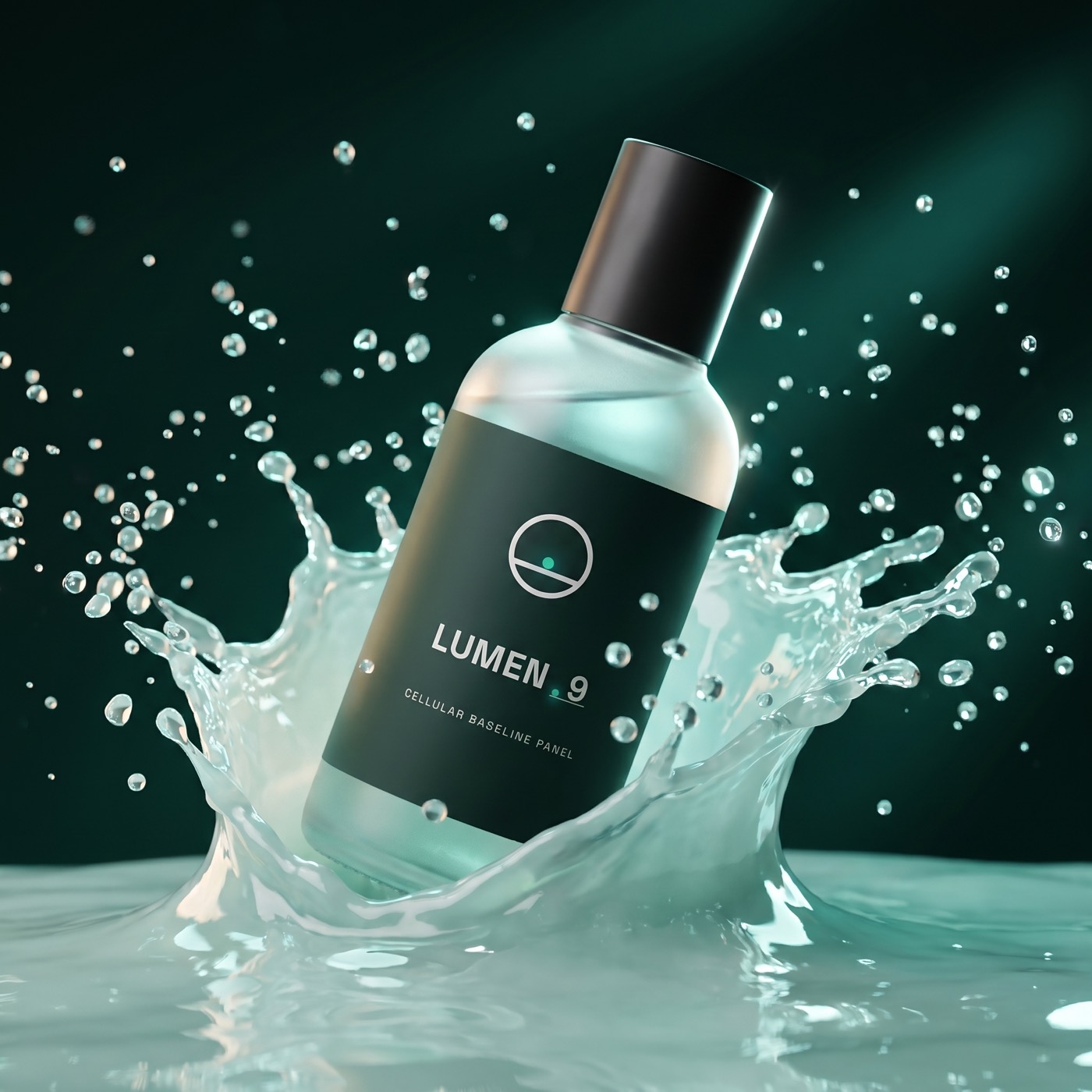 The labeled LUMEN-9 bottle bursting through a crown of teal liquid on deep emerald