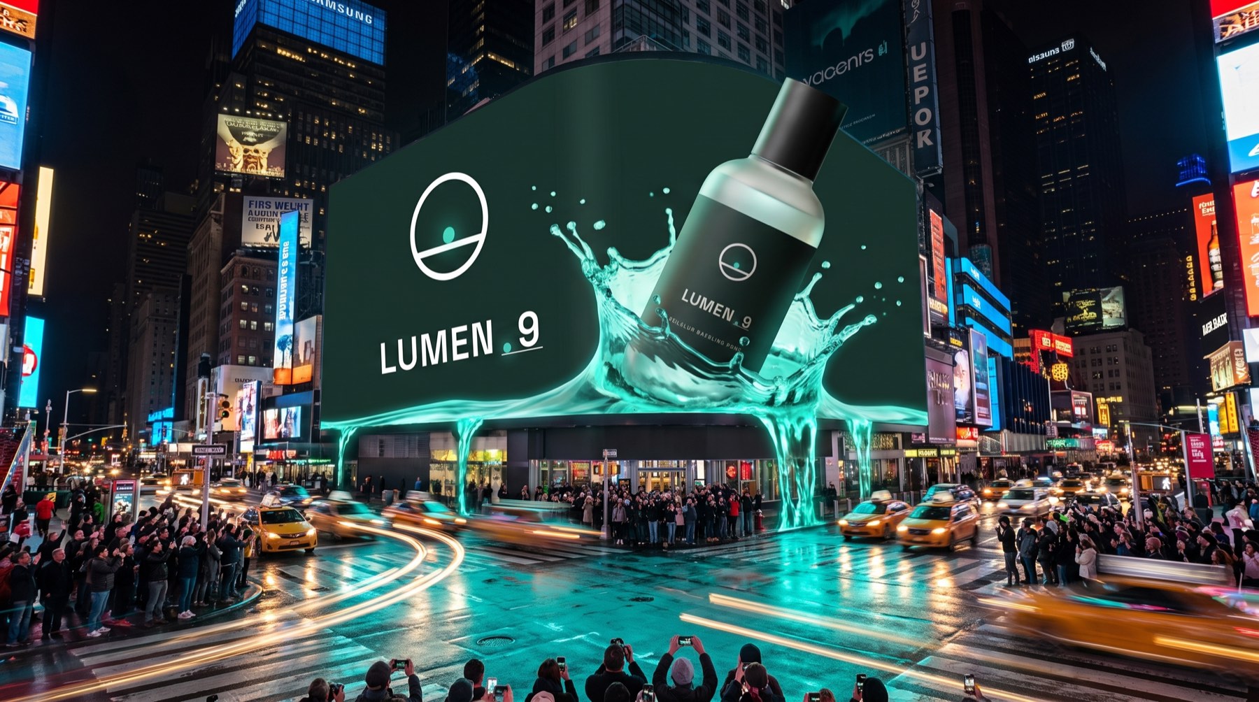A giant 3D anamorphic screen takeover at night: the LUMEN-9 bottle leans out of the billboard as teal liquid spills past the screen edge over a crowded intersection