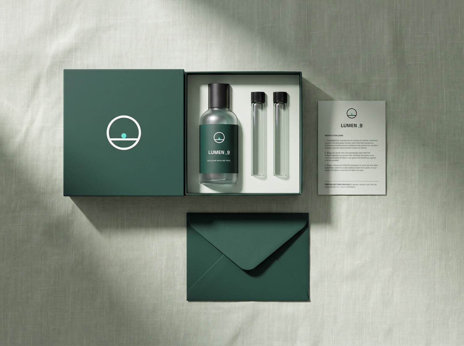 Top-down flat-lay of the opened LUMEN-9 concept kit: box, bottle, vials, instruction card and return envelope